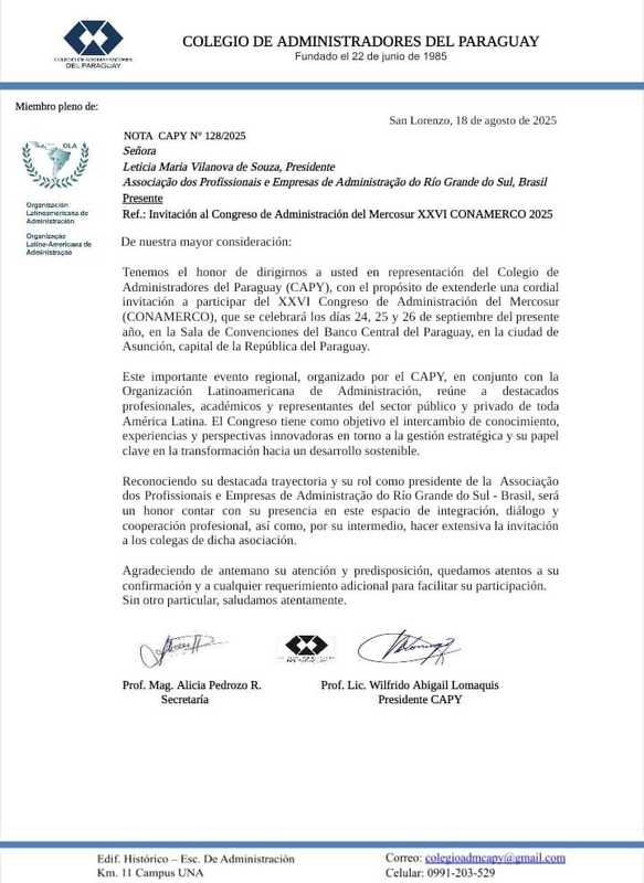 ADM-RS RECEBE CONVITE INTERNACIONAL PARA O XXVI CONGRESSO DE ADMINISTRAÇÃO DO MERCOSUL